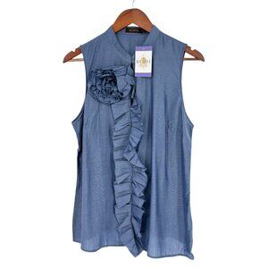 The Limited L Blue Sleeveless Blouse Button Ruffle Front Fabric Flower Shirt NWT